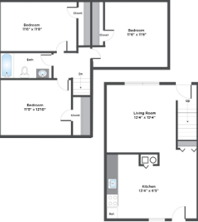Floor plan for 3 beds, 1 bath, 1012 sqft